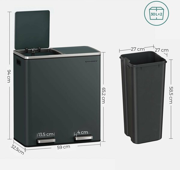 Rozsdamentes acél szemeteskuka 2 rekesszel a szelektív gyűjtéshez, belső vödrökkel, 2x30 literes, sötétszürke