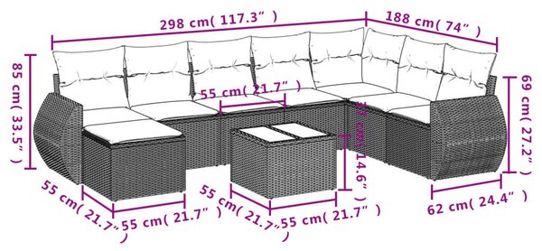 VidaXL Polyrattan Kerti Ülőgarnitúra - 8 részes - Szürke