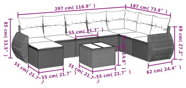 VidaXL Polyrattan Kerti Ülőgarnitúra - 8 részes - Szürke