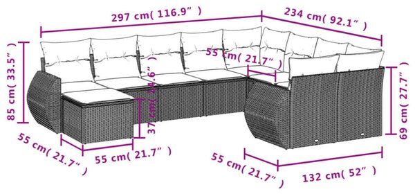 Polyrattan Kerti Ülőgarnitúra - 10 részes - Fekete