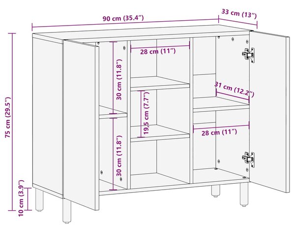 VidaXL Széf ajtóval Akácbarna felület 90 x 33,5 x 75 cm Tömör Mangófát