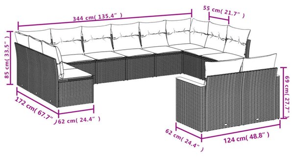 VidaXL Polyrattan Kerti Ülőgarnitúra - 12 részes - Szürke