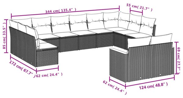 VidaXL Polyrattan Kerti Ülőgarnitúra - 12 részes - Szürke