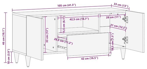VidaXL TV szekrény fiókkal Dió 105 x 33,5 x 46 cm Tömör Mangófát