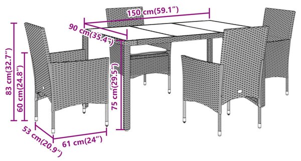 VidaXL 5 Részes Kerti Étkezőgarnitúra - Fekete Polyrattan/Akácfa