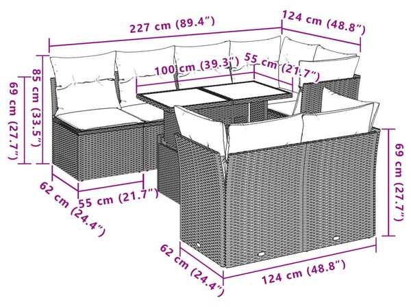 VidaXL 8 részes fekete polyrattan kerti ülőgarnitúra párnákkal