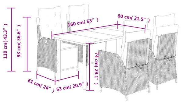 VidaXL - 5 Részes Kerti Étkezőgarnitúra - Polyrattan - Fekete