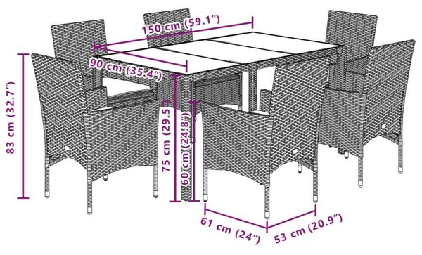 VidaXL Polyrattan Kerti Étkezőgarnitúra - 7 részes - Szürke