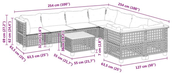 Polyrattan Kerti Ülőgarnitúra - 9 részes - Szürke