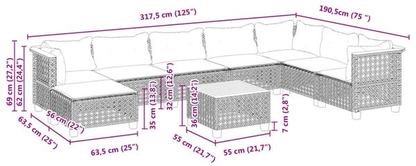 Polyrattan Kerti Ülőgarnitúra - 9 részes - Szürke