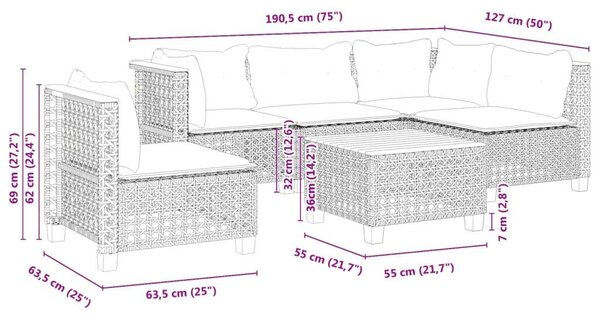 Polyrattan Kerti Ülőgarnitúra - 6 Részes - Szürke