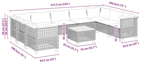 VidaXL Polyrattan Kerti Ülőgarnitúra - 10 részes - Szürke