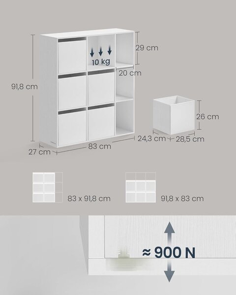 Moduláris polc 9 rekesszel és 6 fiókkal, forgácslap és MDF, 83x27x92 cm, fehér