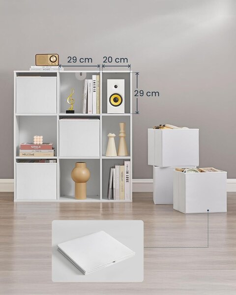 Moduláris polc 9 rekesszel és 6 fiókkal, forgácslap és MDF, 83x27x92 cm, fehér