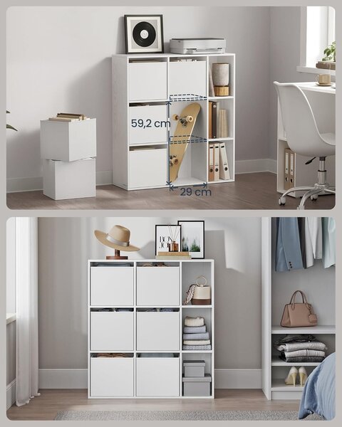 Moduláris polc 9 rekesszel és 6 fiókkal, forgácslap és MDF, 83x27x92 cm, fehér