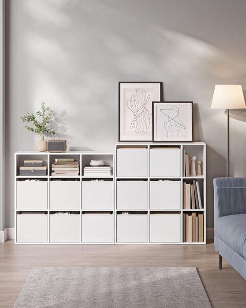 Moduláris polc 9 rekesszel és 6 fiókkal, forgácslap és MDF, 83x27x92 cm, fehér