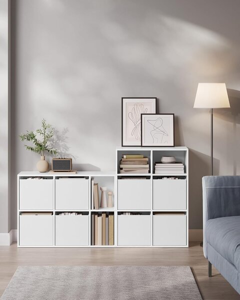 Polc 6 rekesszel, 4 szövet fiókkal, forgácslap és MDF, 27x83x92 cm, fehér