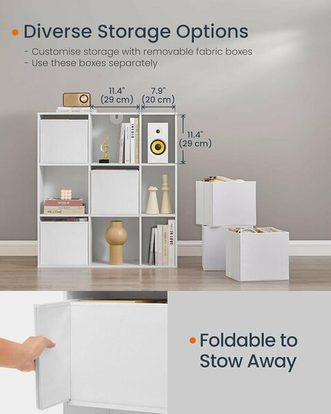 Polc 6 rekesszel, 4 szövet fiókkal, forgácslap és MDF, 27x83x92 cm, fehér