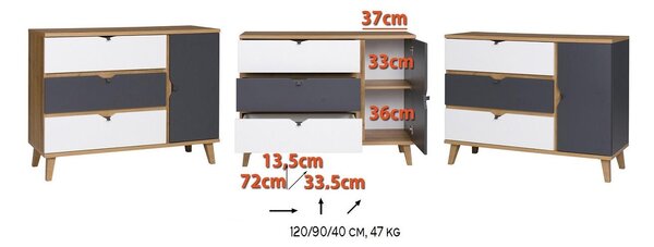 Komód Mimone K1D3SZ (arany tölgy + matt fehér + grafit)