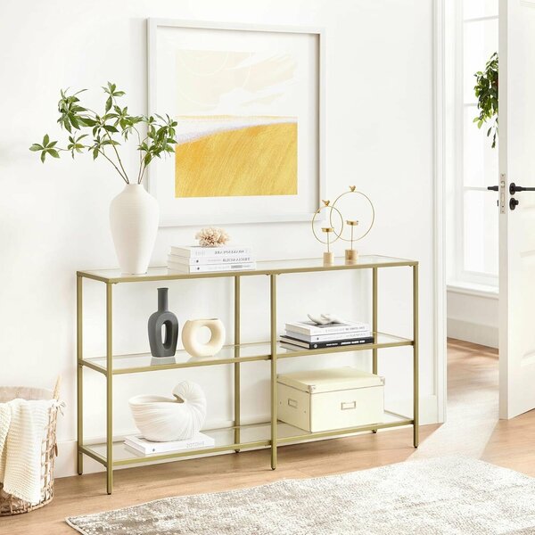 3 szintes konzolasztal, edzett üvegpolcokkal, fém vázzal, 30x130x73 cm, arany