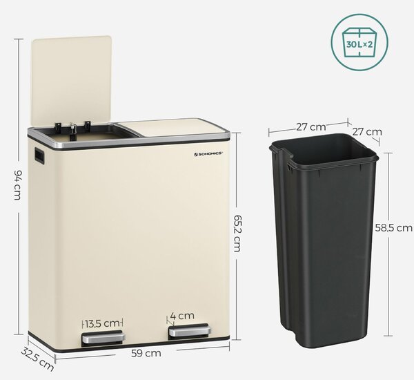 SONGMICS dupla szemetes, 2x30l, krémszínű