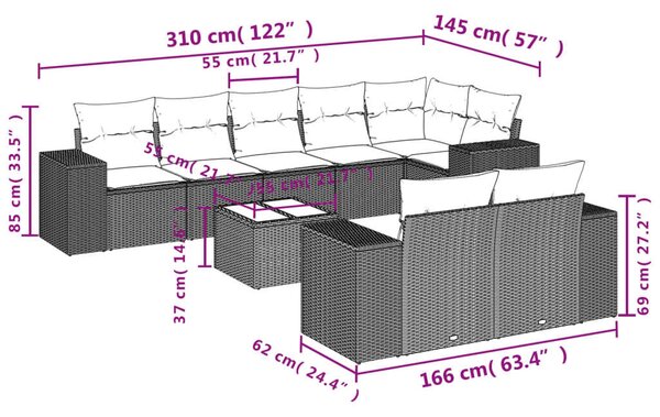 VidaXL 9 részes fekete polyrattan kerti ülőgarnitúra párnákkal