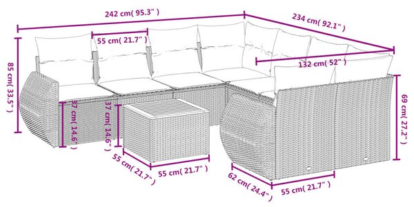 VidaXL 9 részes fekete polyrattan kerti ülőgarnitúra párnákkal