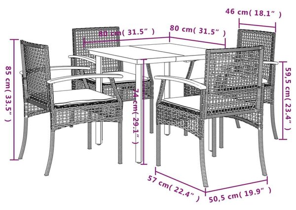 VidaXL 5 részes fekete polyrattan kerti étkezőgarnitúra párnákkal