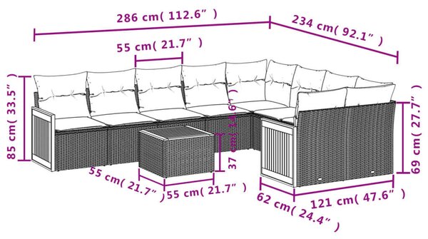 VidaXL 10 részes fekete polyrattan kerti ülőgarnitúra párnákkal