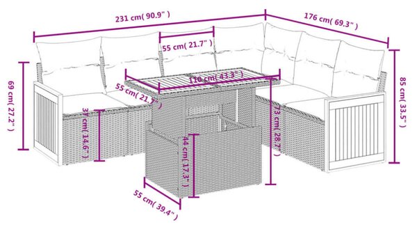 Polyrattan Kerti Ülőgarnitúra - 7 részes - Szürke