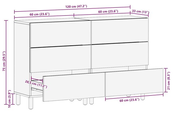 VidaXL Széf 2 pcs Fehér mosott felület 60 x 33 x 75 cm Tömör Mangófát