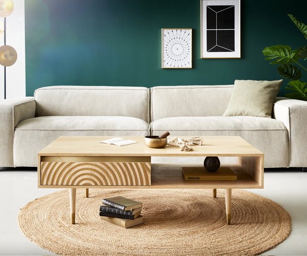DELIFE Dohányzóasztal Budaya 115x60 cm mango természetes 2 fiókos láb kerek