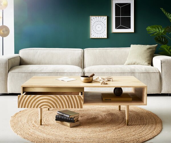 DELIFE Dohányzóasztal Budaya 115x60 cm mango természetes 2 fiókos láb kerek