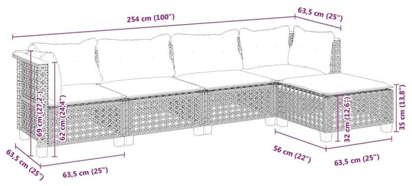 VidaXL 5 részes fekete polyrattan kerti kanapészett párnákkal