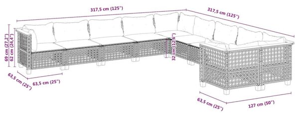 VidaXL Polyrattan Kerti Ülőgarnitúra - Fekete - 10 részes