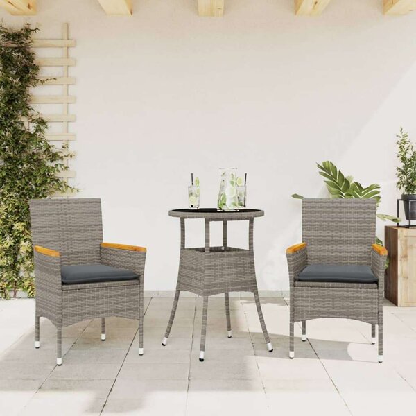 VidaXL 3 részes szürke polyrattan/üveg kerti étkezőgarnitúra párnával