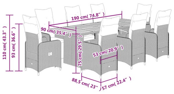 VidaXL Kerti Bútor - 9 részes Bisztrókészlet - Fekete Polyrattan