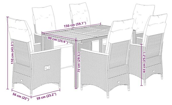 VidaXL - 7 Részes Kerti Bútor - Polyrattan - Fekete