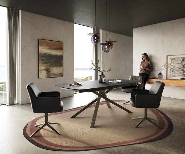 DELIFE Étkezőasztal Edge hajóformájú 180-220x100 cm Laminam® Nero Greco antracit kerámia kereszt láb téglalap alakú Titán színű effekt finish kihúzható