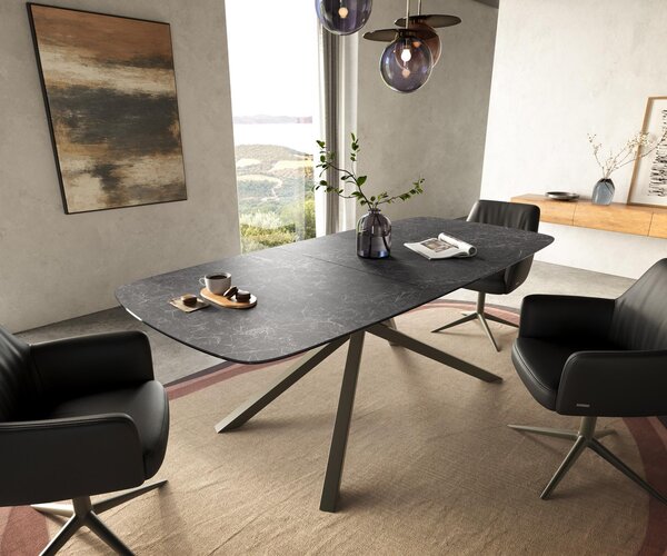 DELIFE Étkezőasztal Edge hajóformájú 180-220x100 cm Laminam® Nero Greco antracit kerámia kereszt láb téglalap alakú Titán színű effekt finish kihúzható