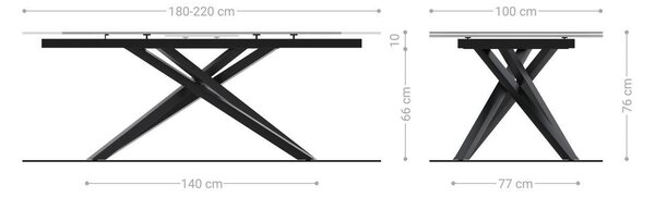 DELIFE Étkezőasztal Edge hajóformájú 180-220x100 cm Laminam® Nero Greco antracit kerámia kereszt láb téglalap alakú Titán színű effekt finish kihúzható