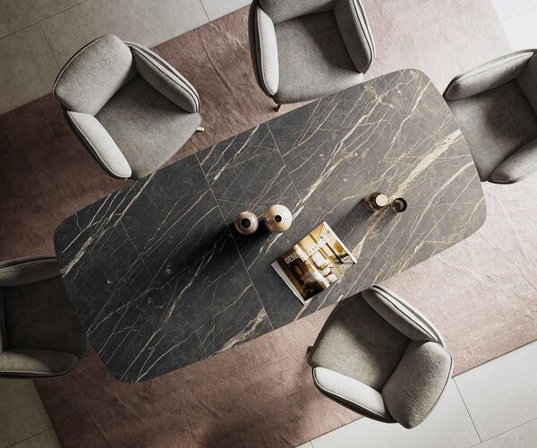 DELIFE Étkezőasztal Edge hajóformájú 180-220x100 cm Laminam® kerámia noir desir barna kereszt láb téglalap alakú titán színű effekt finish kihúzható