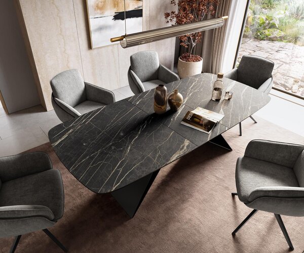 DELIFE Étkezőasztal Edge hajóformájú 180-220x100 cm Laminam® kerámia Noir Desir barna V alakú láb laposacél fekete kihúzható