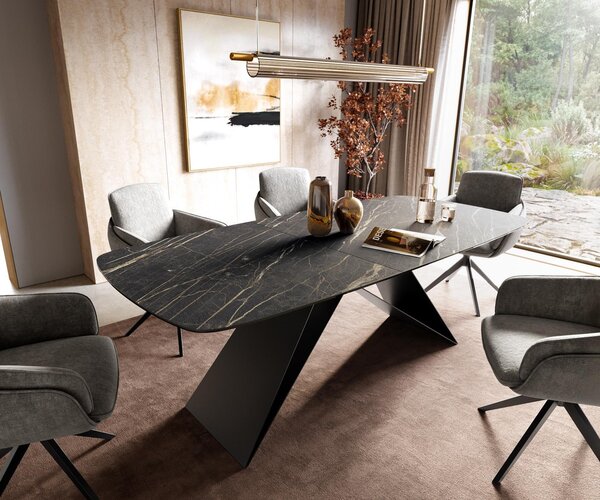 DELIFE Étkezőasztal Edge hajóformájú 180-220x100 cm Laminam® kerámia Noir Desir barna V alakú láb laposacél fekete kihúzható