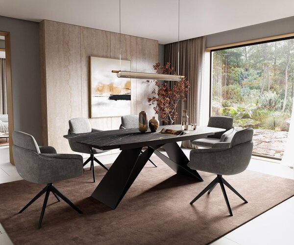 DELIFE Étkezőasztal Edge hajóformájú 180-220x100 cm Laminam® kerámia Noir Desir barna V alakú láb laposacél fekete kihúzható