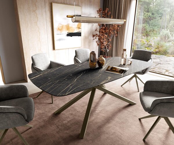 DELIFE Étkezőasztal Edge hajóformájú 180-220x100 cm Laminam® kerámia noir desir barna kereszt láb téglalap alakú titán színű effekt finish kihúzható