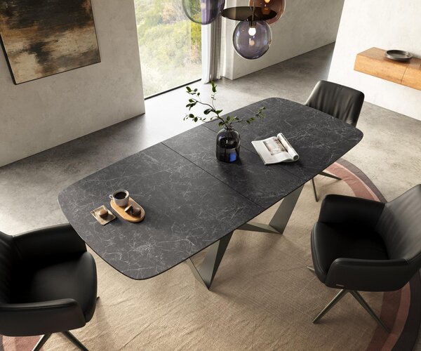 DELIFE Étkezőasztal Edge hajóformájú 180-220x100 cm Laminam® Nero Greco antracit pókháló fém titán színű hatás bővíthető
