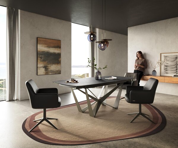 DELIFE Étkezőasztal Edge hajóformájú 180-220x100 cm Laminam® Nero Greco antracit pókháló fém titán színű hatás bővíthető