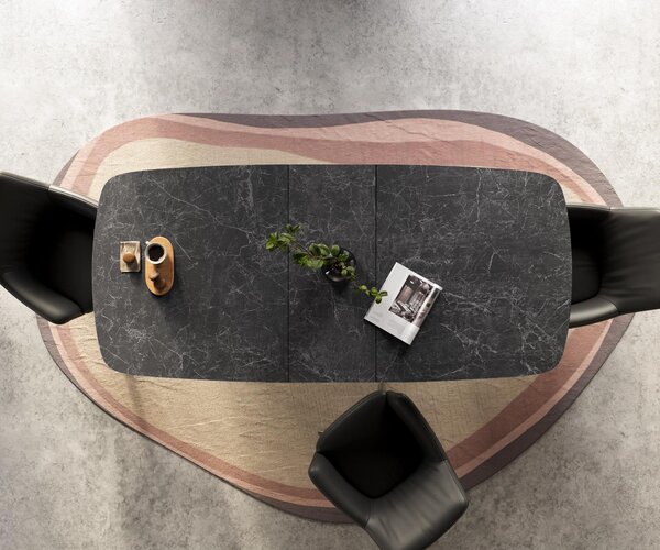 DELIFE Étkezőasztal Edge hajóformájú 180-220x100 cm Laminam® Nero Greco antracit pókháló fém titán színű hatás bővíthető
