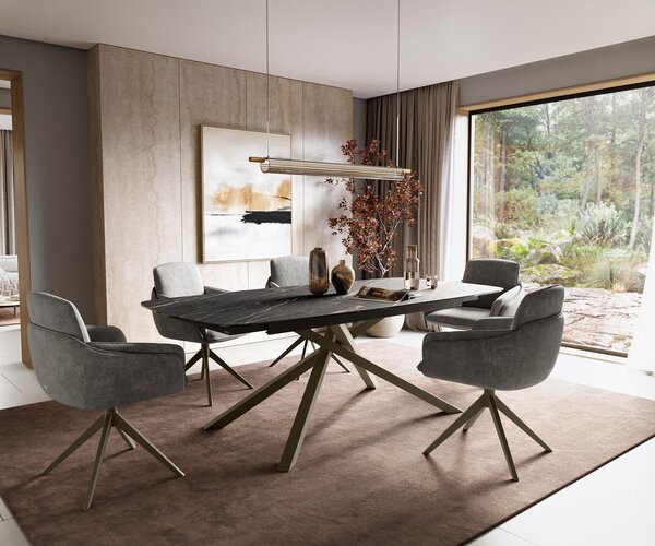 DELIFE Étkezőasztal Edge hajóformájú 180-220x100 cm Laminam® kerámia noir desir barna kereszt láb téglalap alakú titán színű effekt finish kihúzható